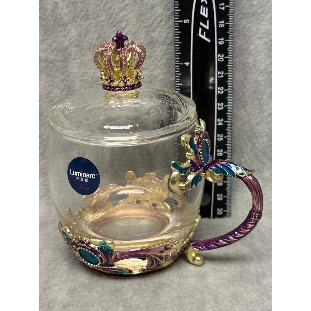 Luminarc Glass Tea Mug Cup Purple Gold Crown Lid Ornate Cup - Picture 8 of 9
